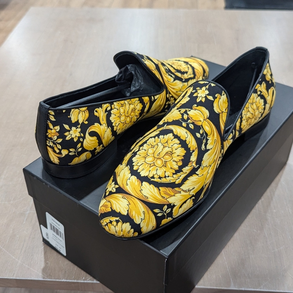 Mens VERSACE Baroque Print Silk Slippers Loafers Black/Gold 42 US 9
